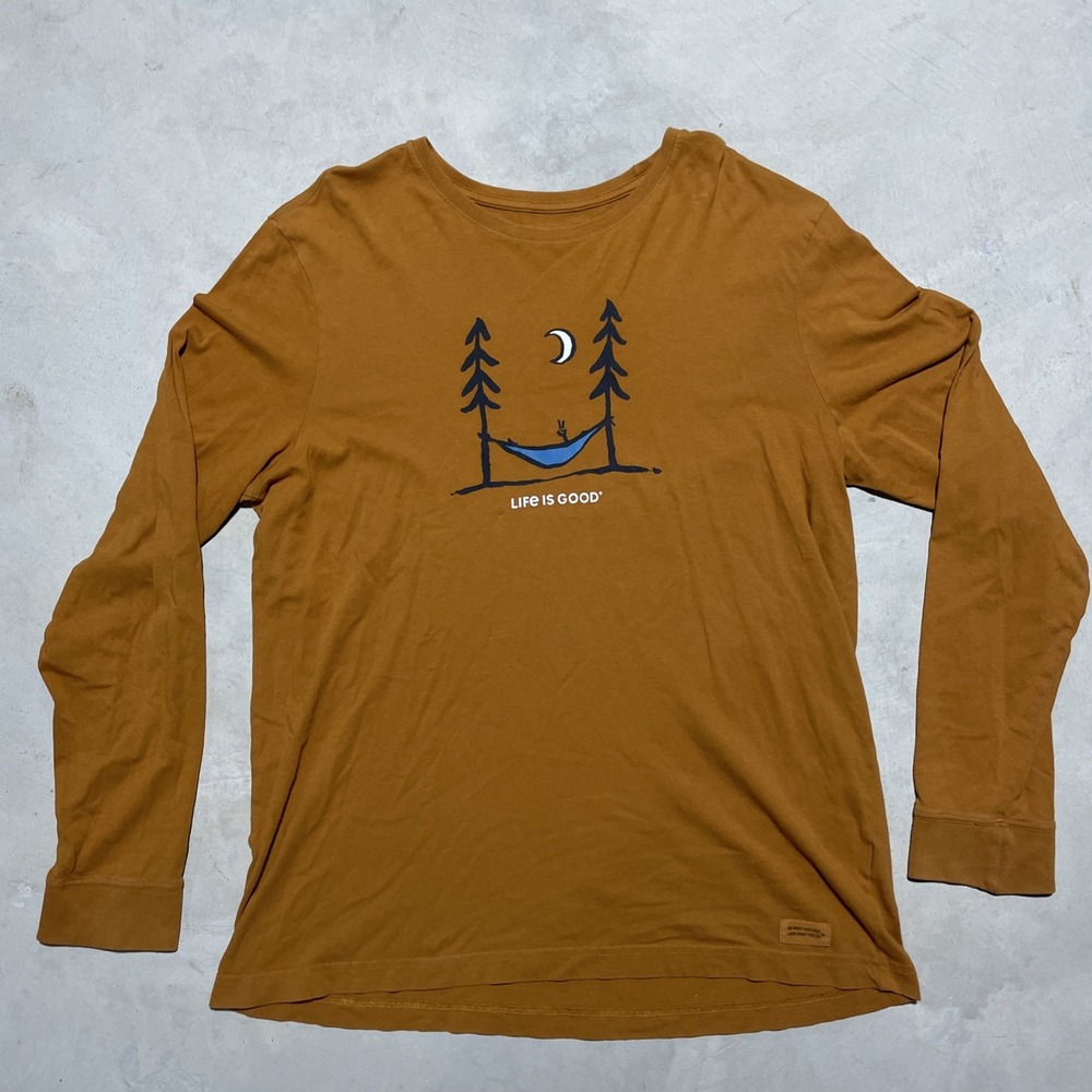 Life Is Good T-Shirt Men's SZ L Graphic Crew Neck Long Sleeve Cotton CAMPING